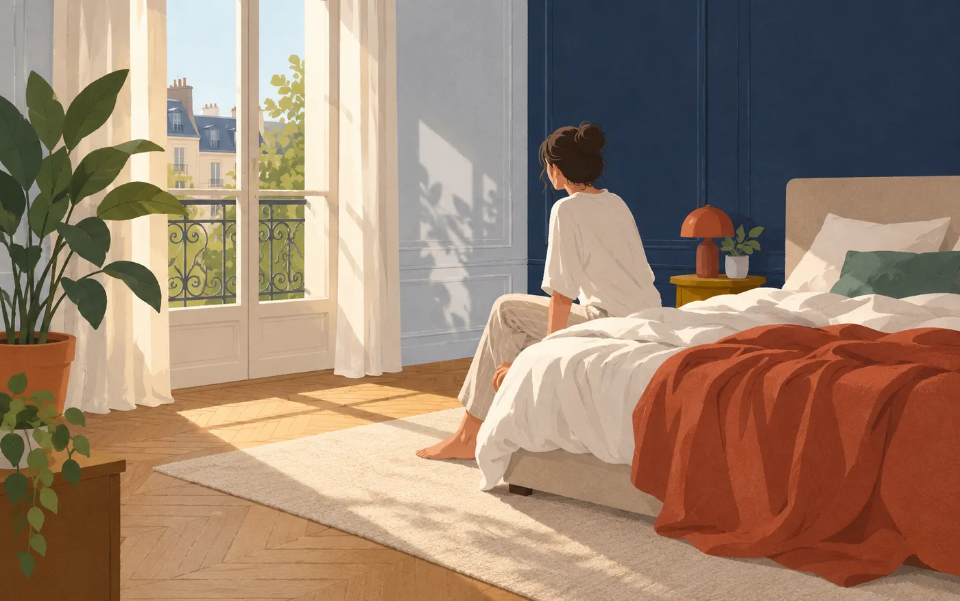 An adult sits up on the edge of a bed as soft morning light enters a French bedroom.