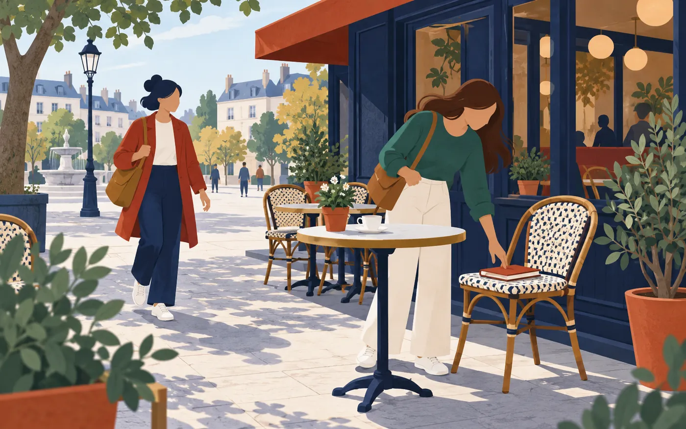 Two friends meeting outside a French café as one discovers a plain notebook left on a chair.