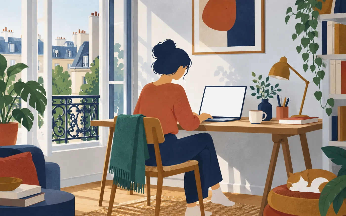 A person replying to a message at a quiet French apartment desk with a completely blank laptop.