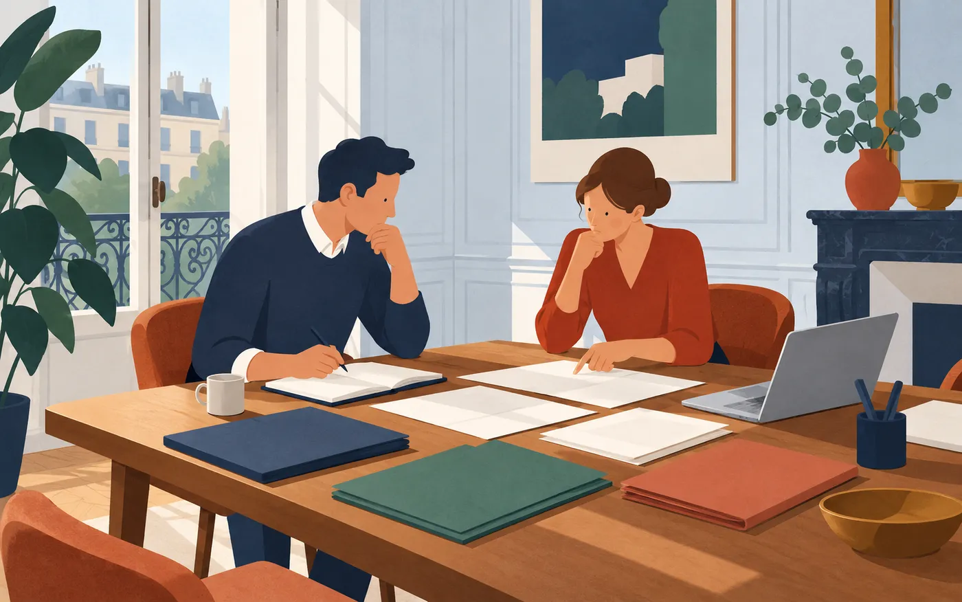 Two colleagues considering a scheduling problem at a French meeting table, plain folders and no clocks calendars or charts.