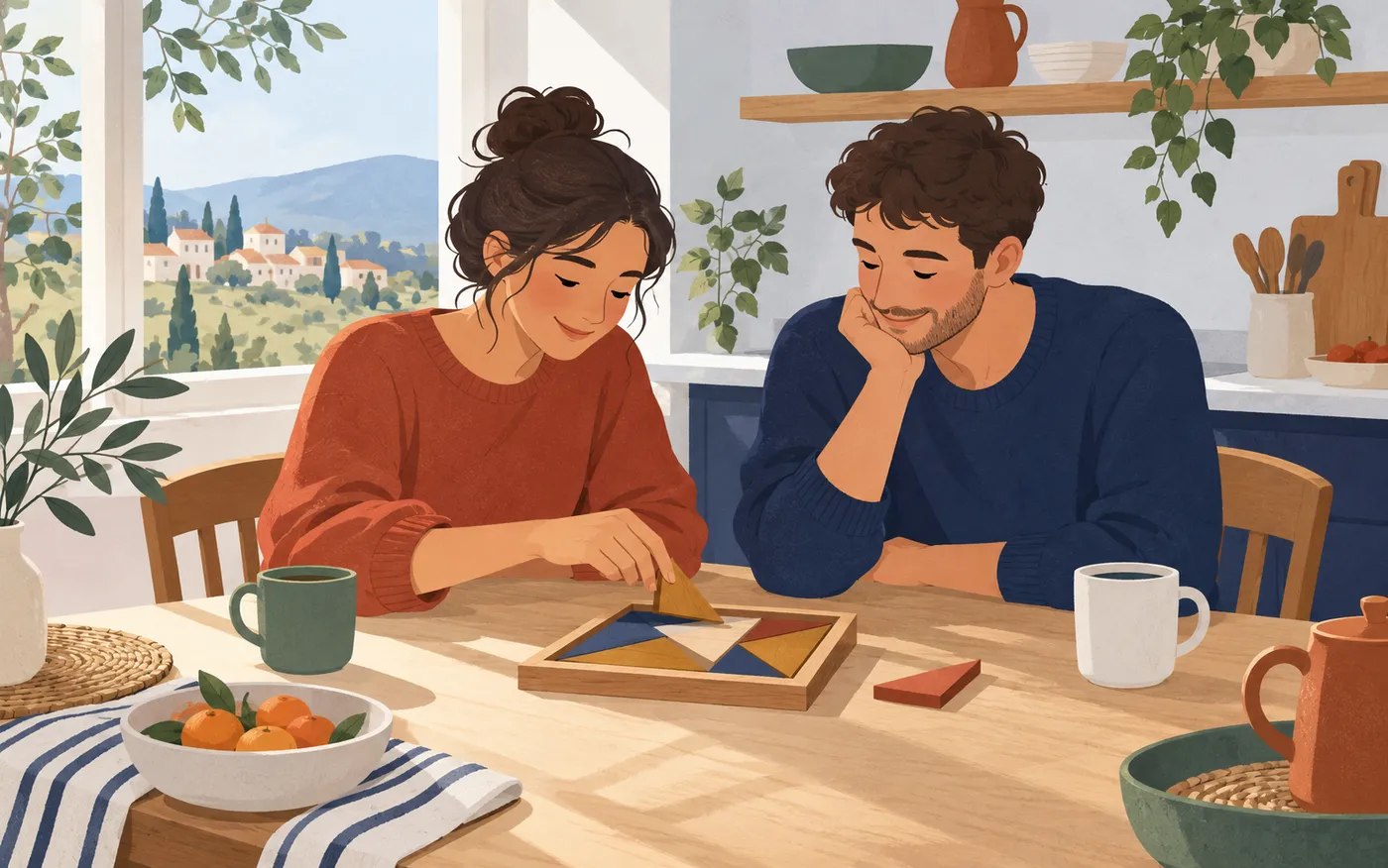Two friends fitting wooden puzzle pieces into a tray.