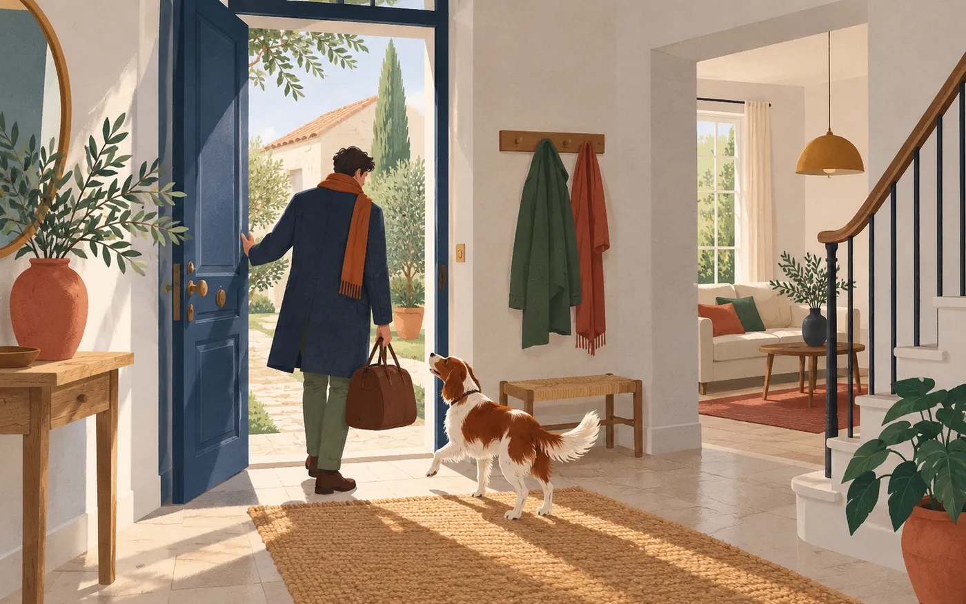 An adult in a coat returns through the open door of a welcoming French home.