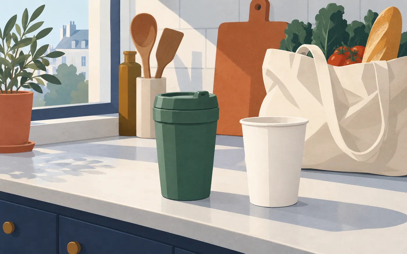 A clean still life of one durable green reusable cup beside one plain paper disposable cup on a French kitchen counter, a cloth shopping bag behind.