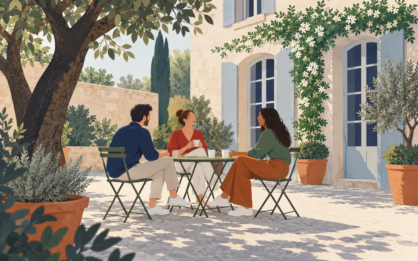 Three colleagues share a warm laugh during a break in a quiet French courtyard.