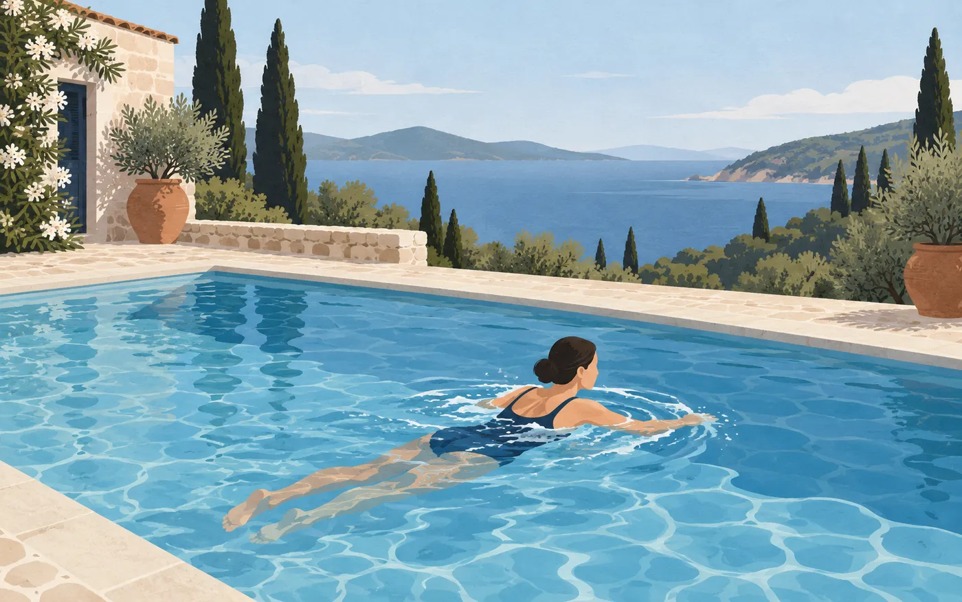 A swimmer moves through a quiet outdoor pool.