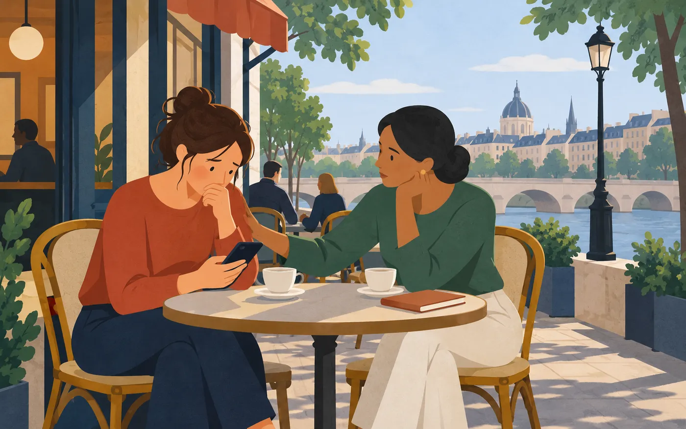 A person overthinking a message while holding a plain phone with screen hidden, patient friend offering reassurance at a French café.
