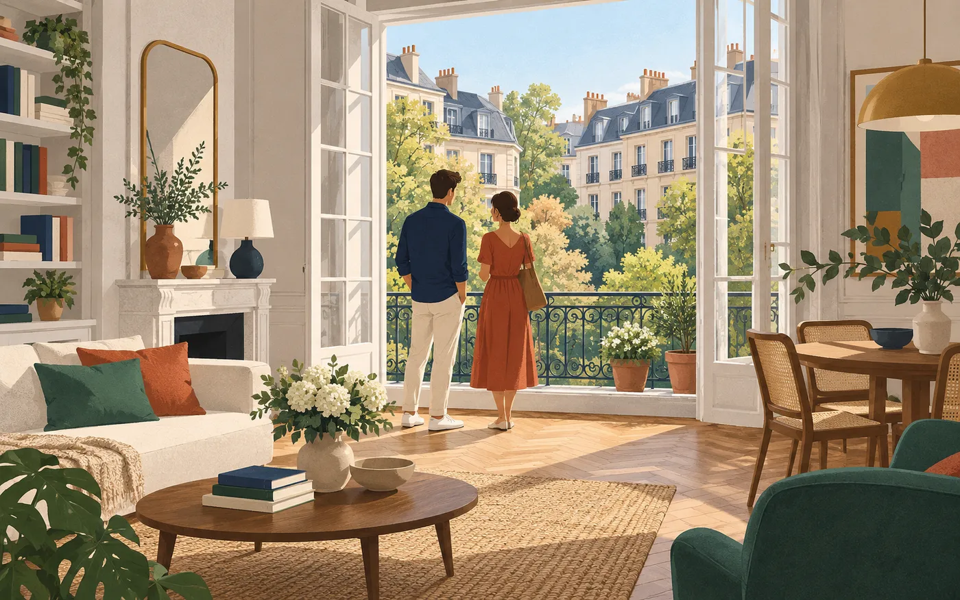 A couple view a peaceful French flat overlooking a tree-filled courtyard.