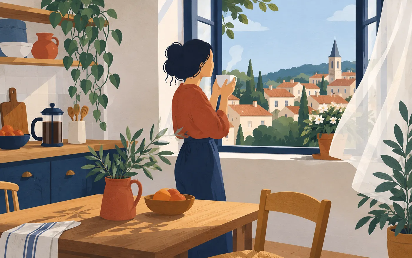 A person enjoying the aroma of fresh coffee at a French kitchen window, gentle breeze in the curtain.