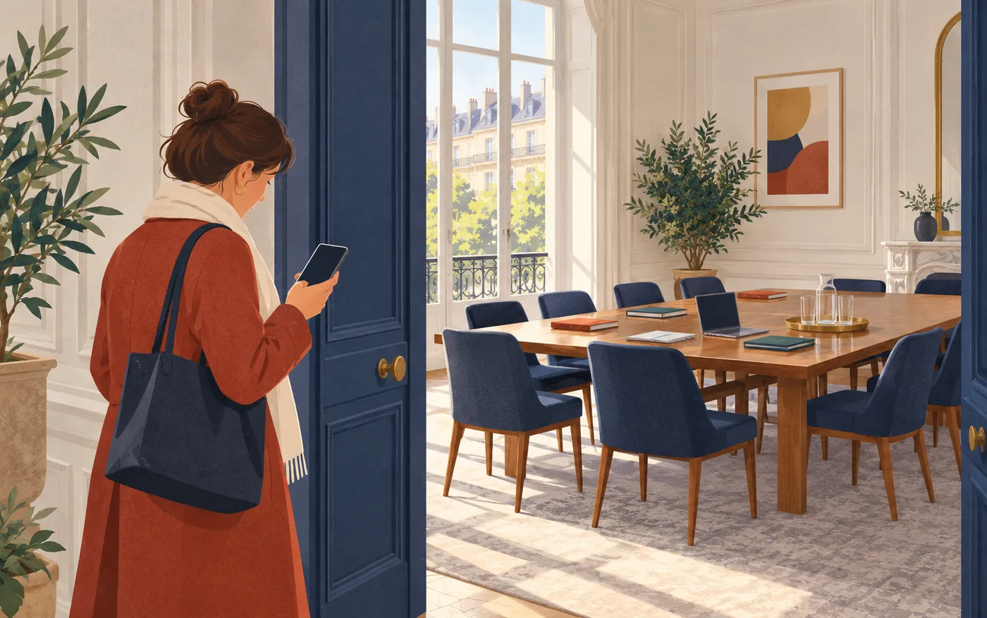 A woman checks a blank phone outside an empty French meeting room after arriving late.
