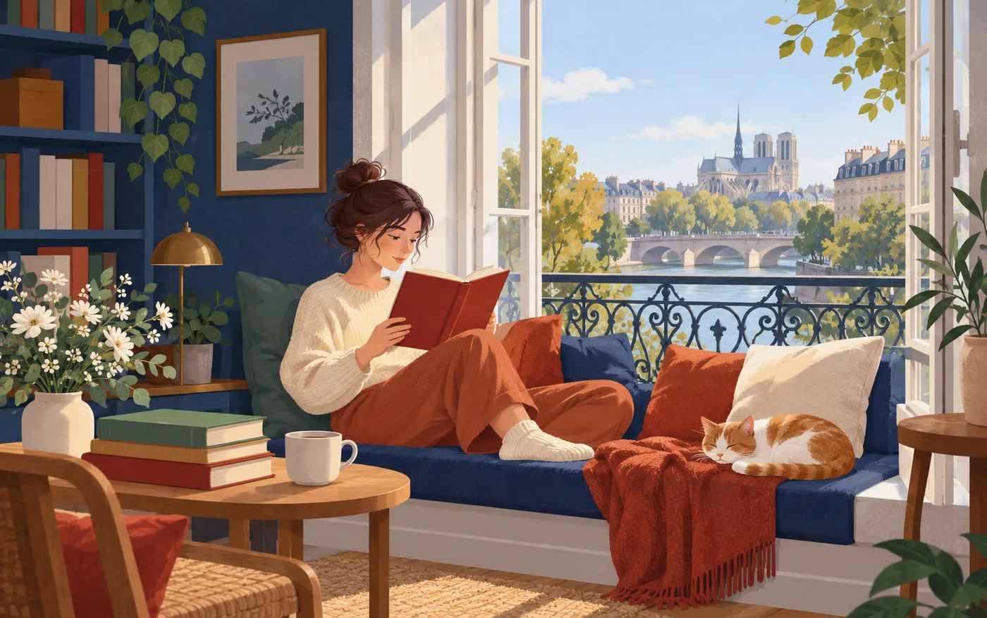 A learner reads a book held with its unmarked cover towards the viewer at a quiet French window seat.