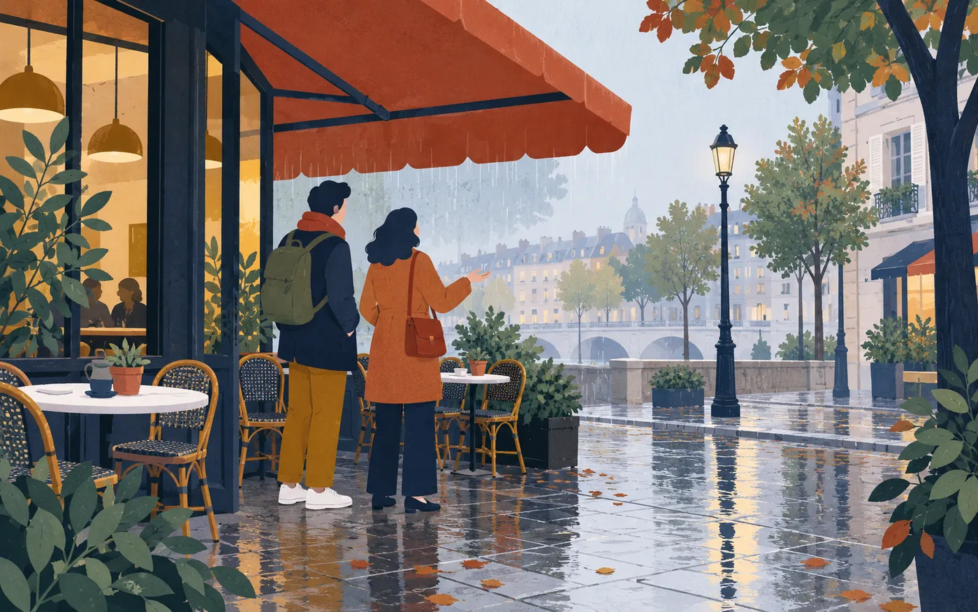 Two friends considering an alternative meeting place under a café awning as light rain falls.
