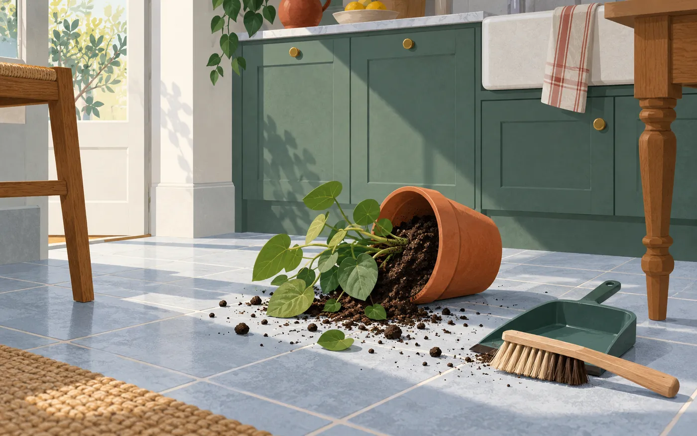 An overturned plant pot has spilled soil onto a tiled floor.