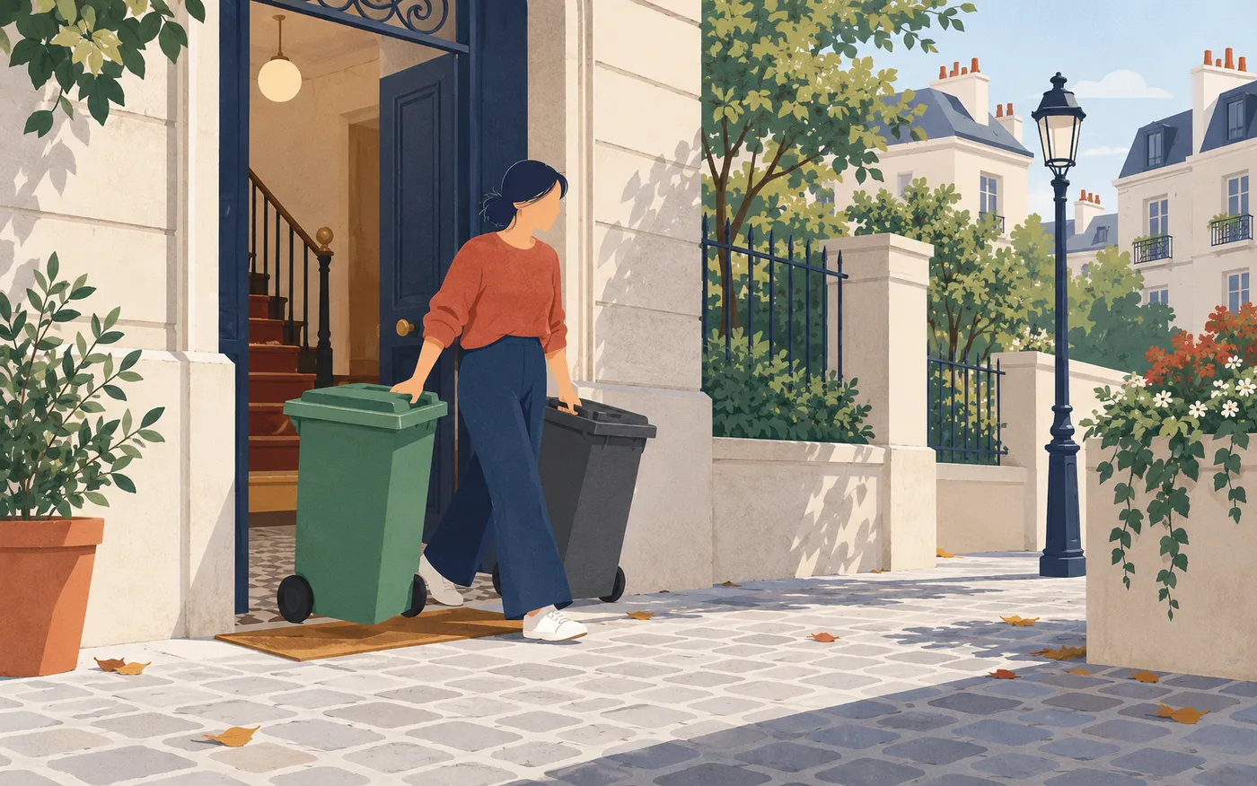 A person taking plain unmarked household bins outside through a French apartment doorway.