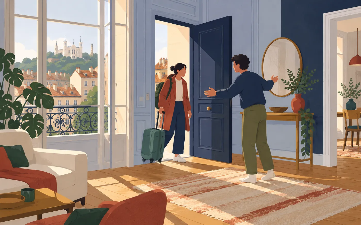 A traveller returns home with a small suitcase after a trip.