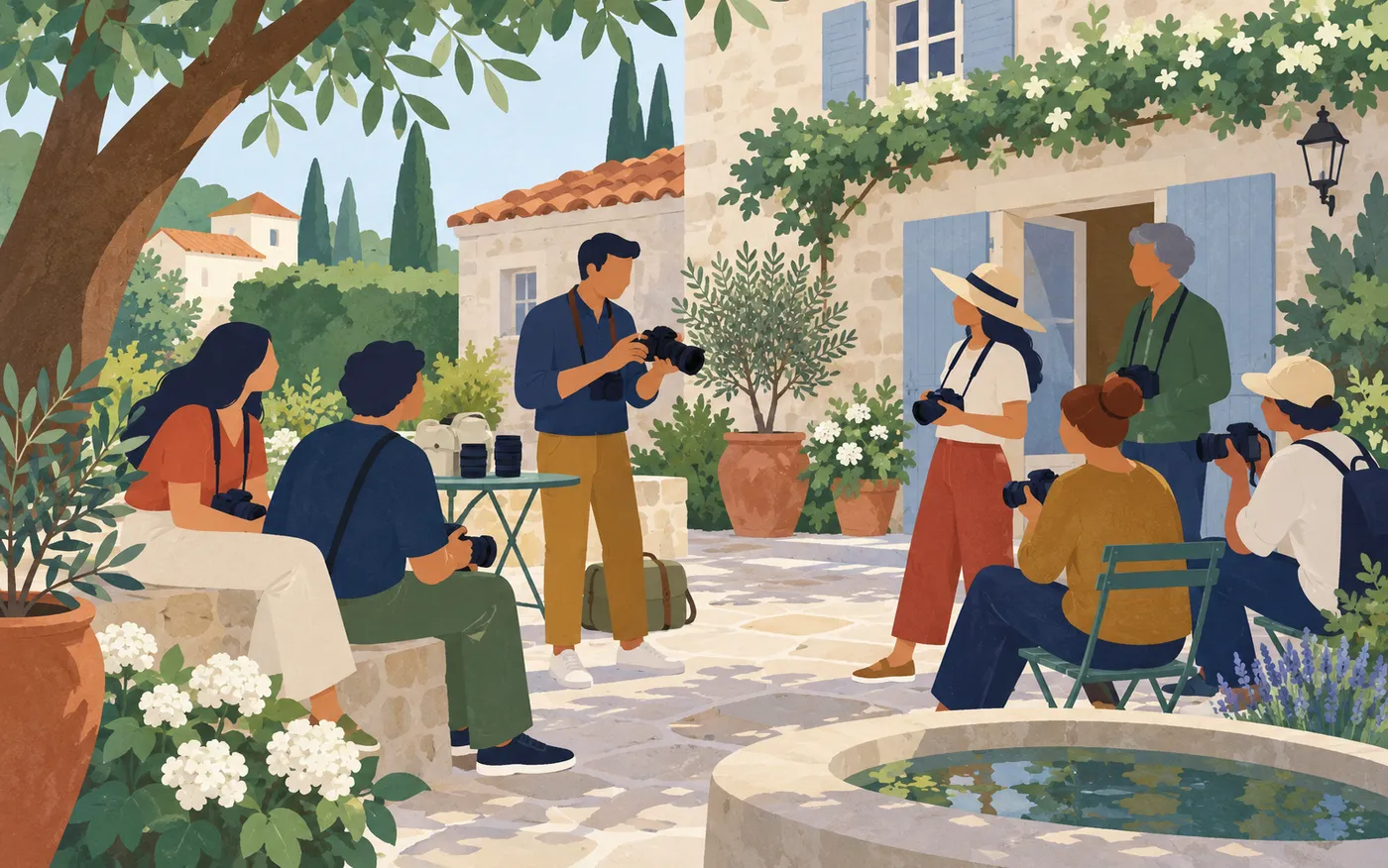 A small photography workshop with an instructor showing adults how to use a camera in a French courtyard.