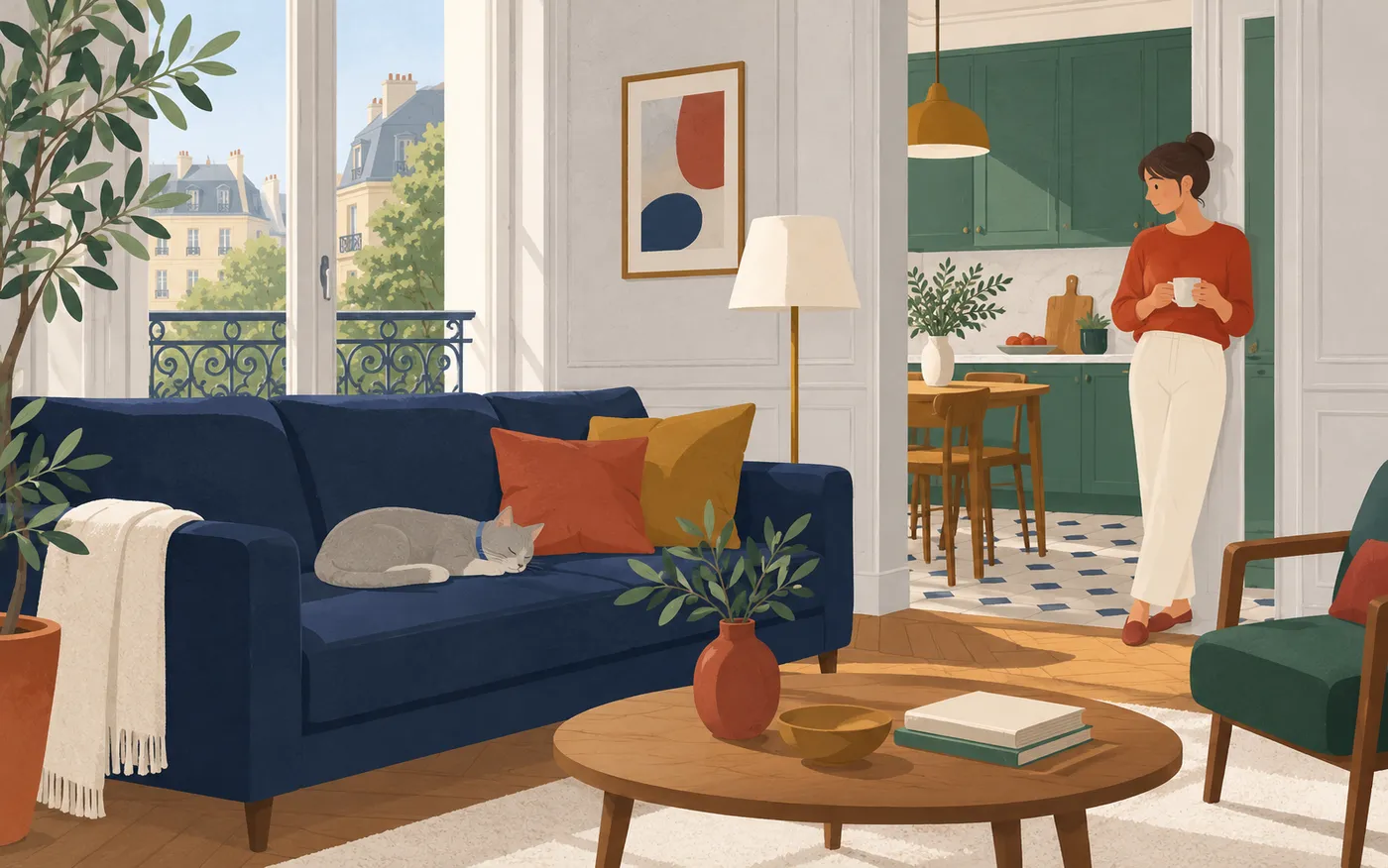 A small grey cat with a plain blue collar resting on a navy sofa in a bright French apartment while a woman watches from the kitchen doorway, no collar tag or writing.