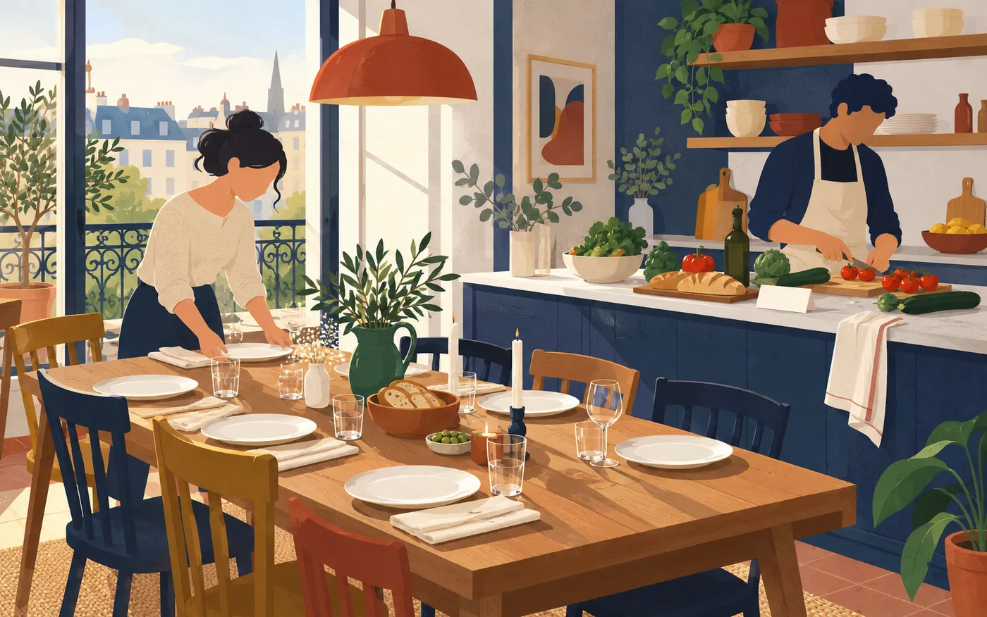 Two flatmates preparing a French dinner table for visiting friends, vegetables and a plain note on the counter.