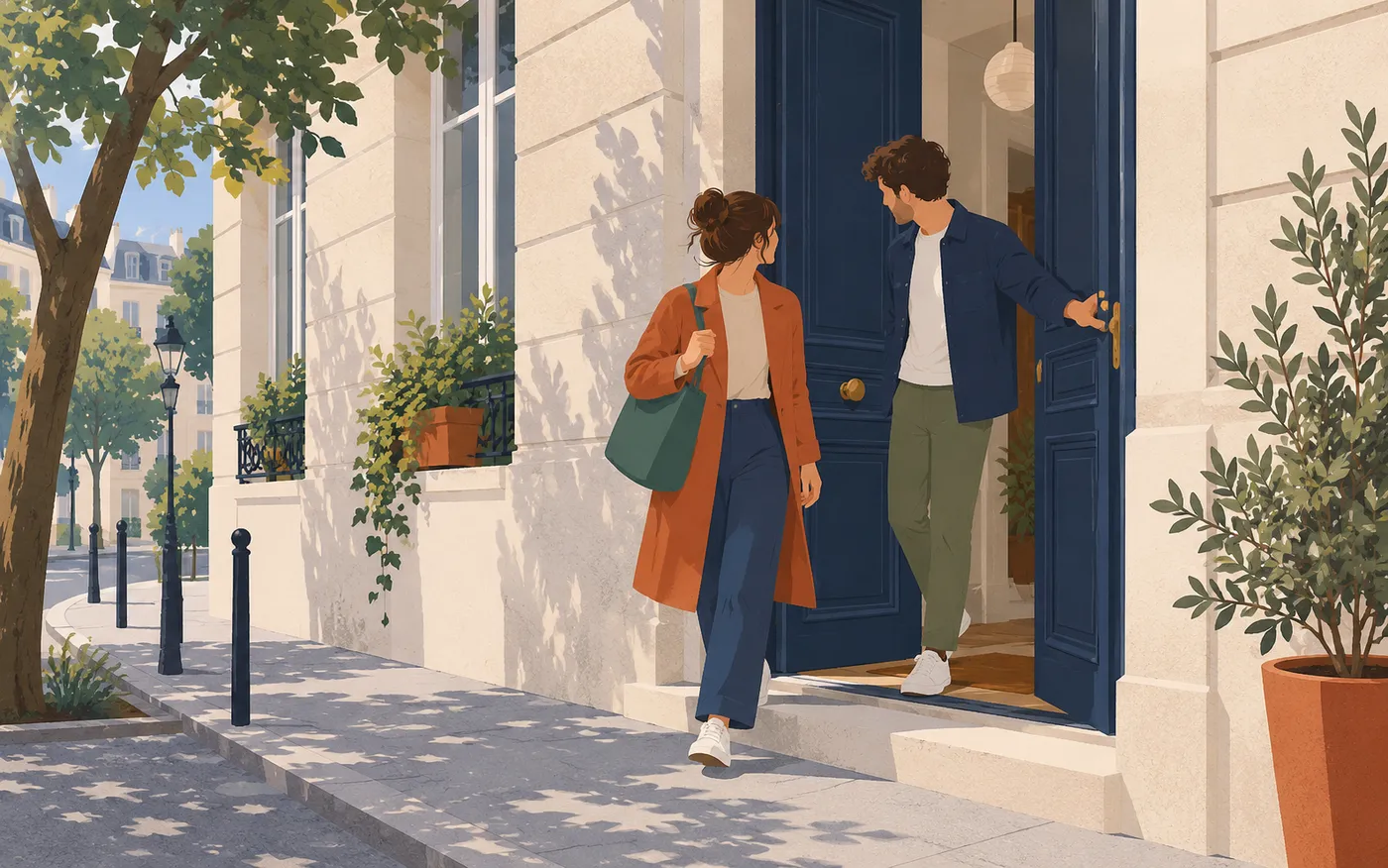 Two friends leave a French apartment together, one holding the open doorway for the other.