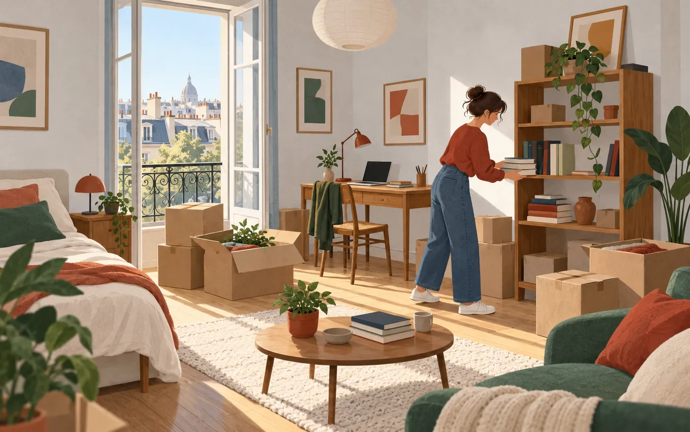 A student arranges furniture and plain boxes in her first small French flat.