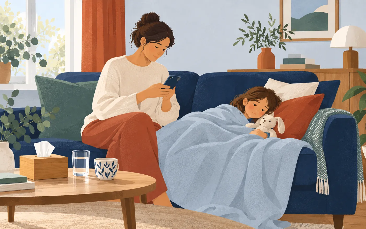A parent messaging beside an ill child resting under a blanket.