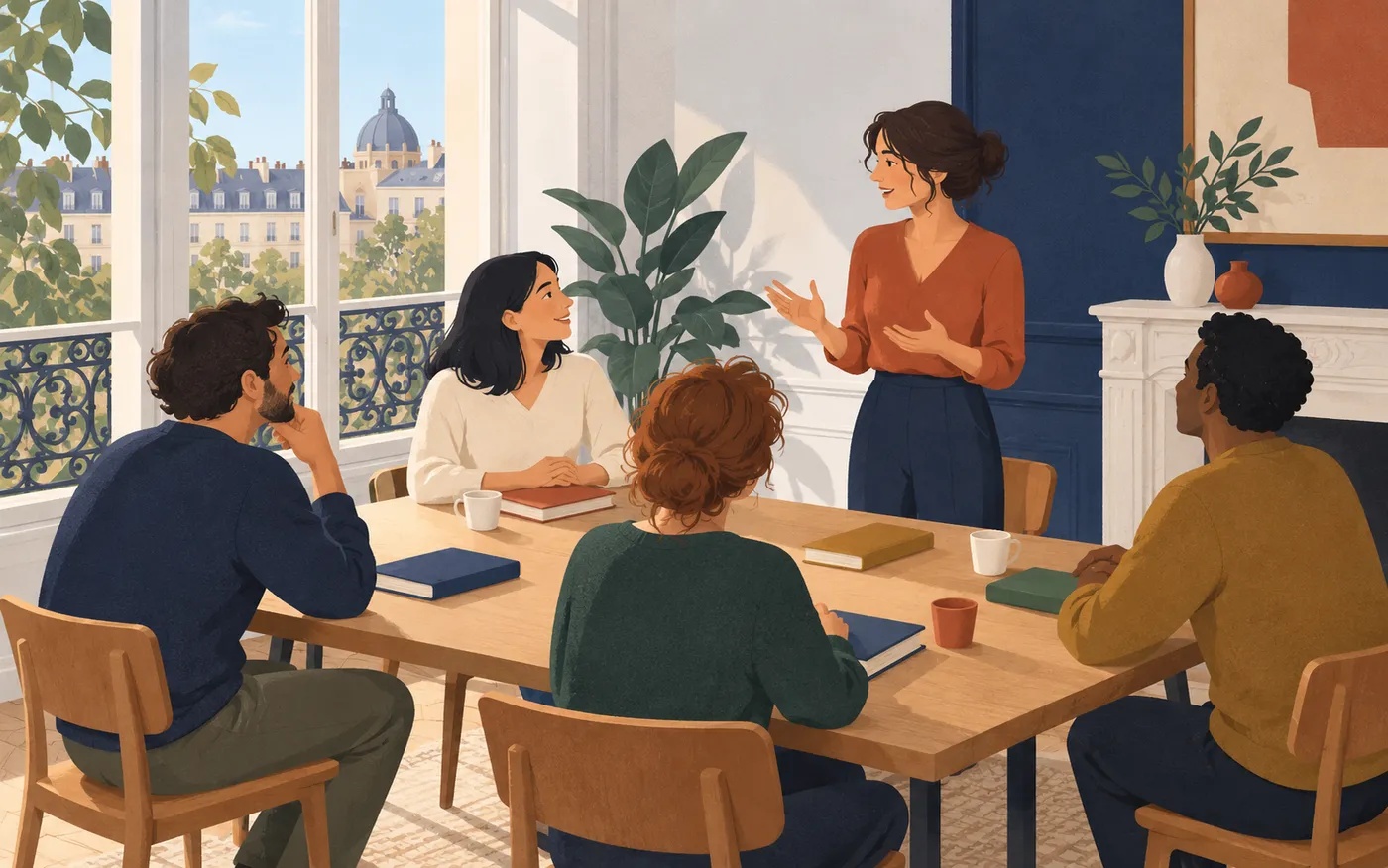 A small group of adult learners gathers around a table for a French class.