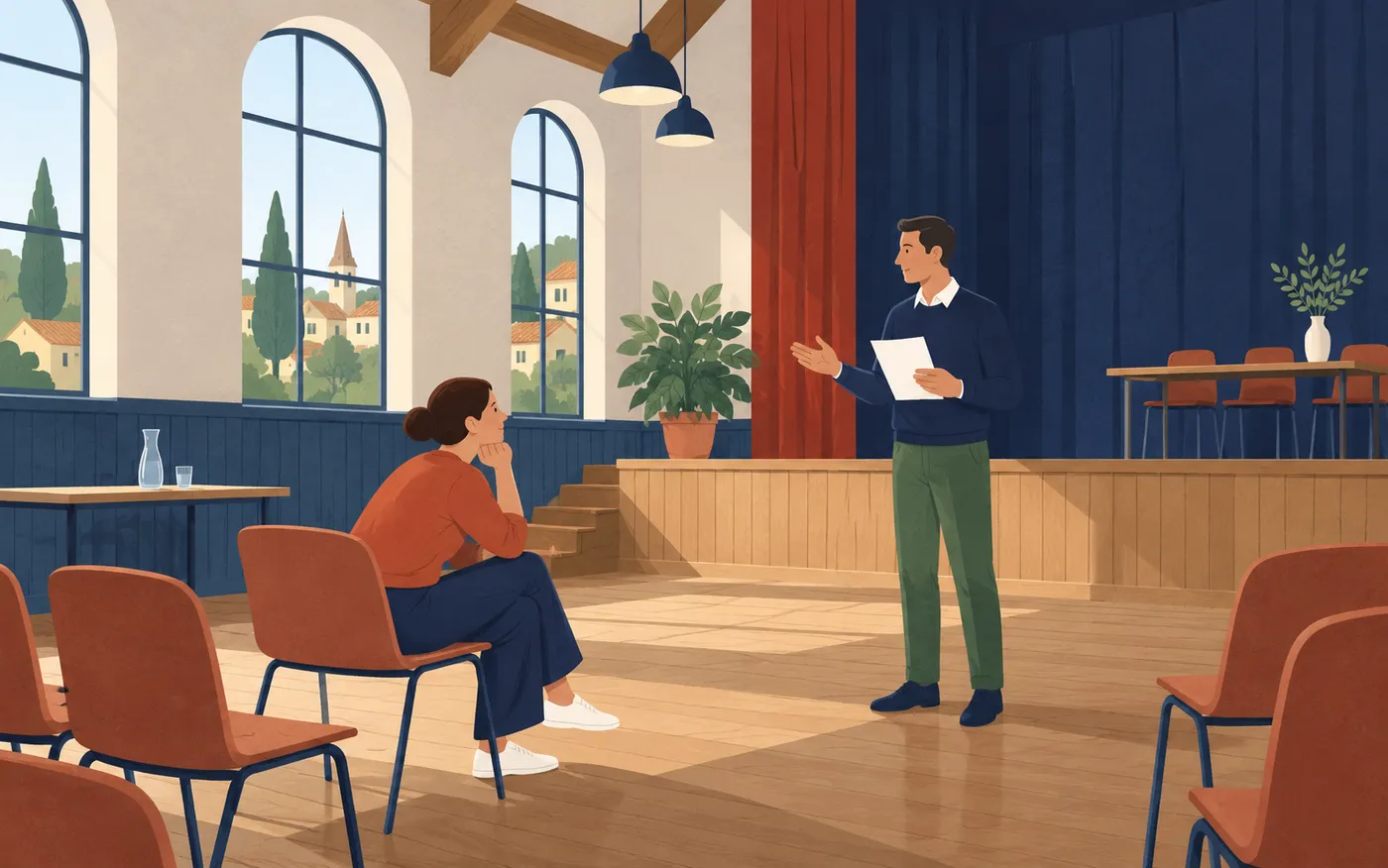 A person rehearsing a welcome speech to a supportive partner in a French community hall, holding entirely blank notes, no lectern signs or writing.