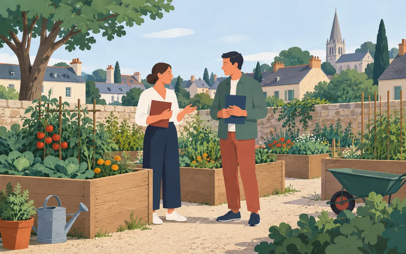 Two neighbourhood editors discussing an article about a shared French community garden while standing beside its raised beds, plain closed folder.
