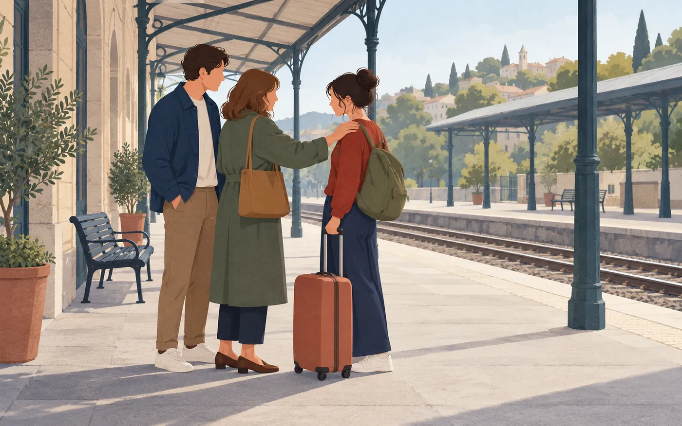 A traveller says goodbye to two friends on a quiet platform.