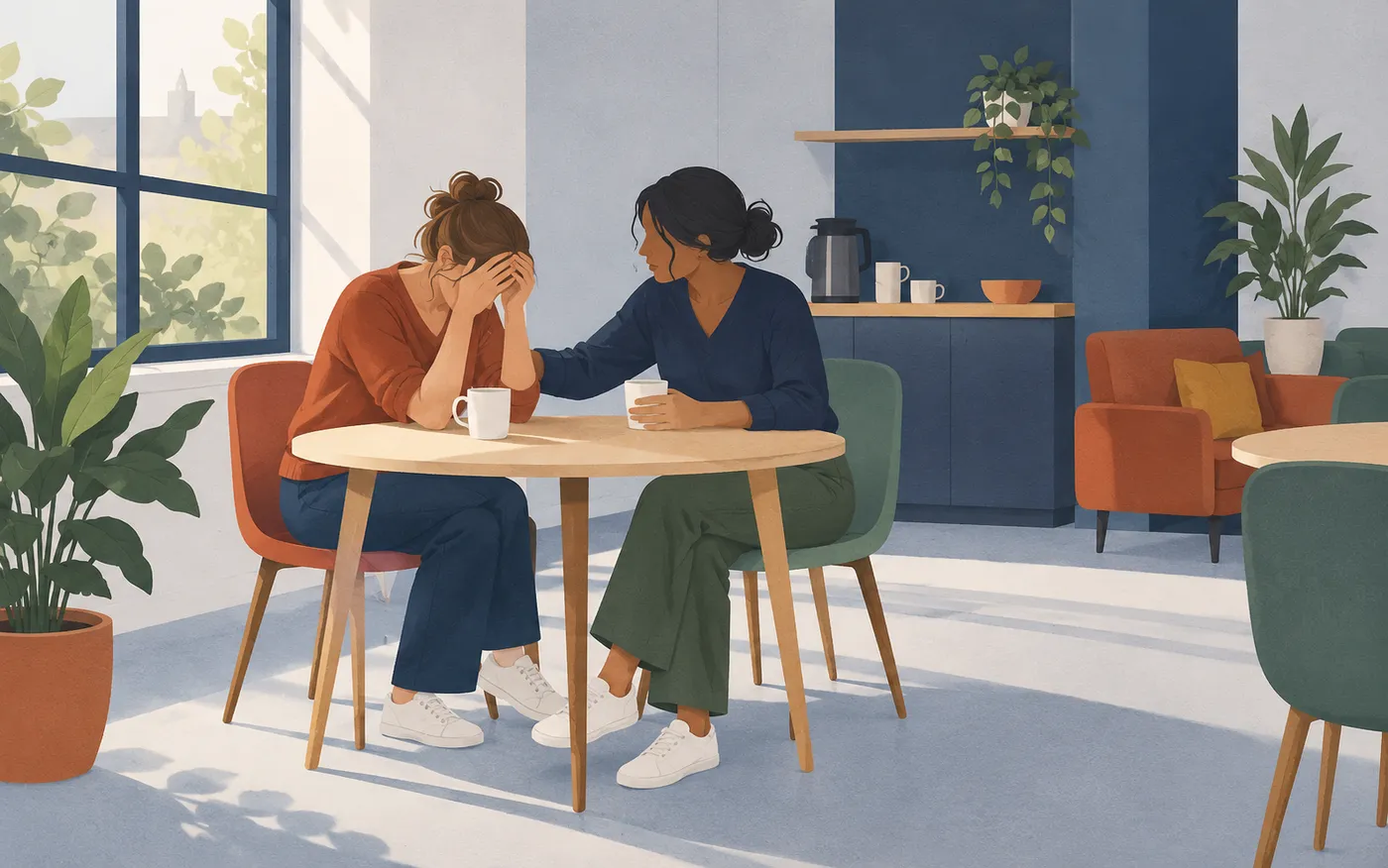 An exhausted woman sits with a supportive colleague after work in a quiet French staff room.