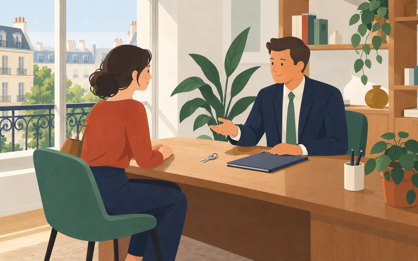 A tenant speaking with a letting agent at a French rental-agency desk, plain keys and a closed unmarked folder, no displays or writing.