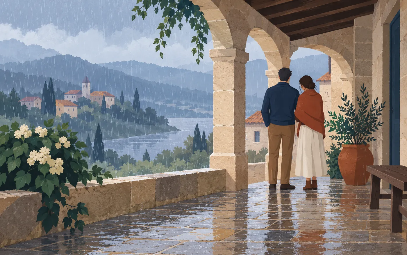 Two adults shelter beneath a French stone porch as rain falls outside.