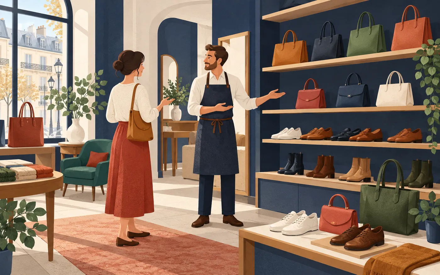 A customer asks a French shopkeeper about plain bags and shoes displayed on shelves.