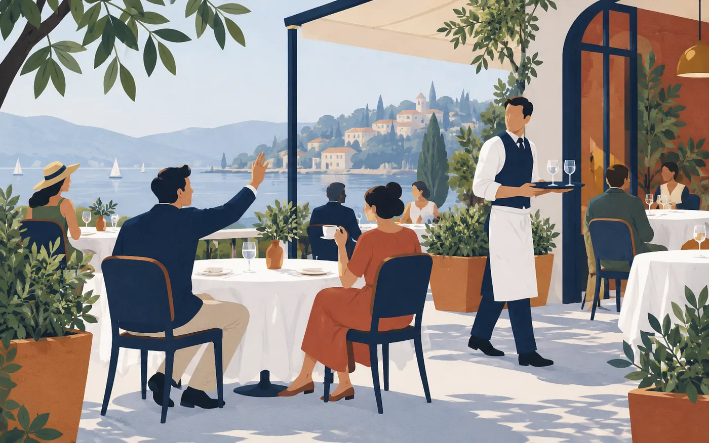 A diner catches a waiter’s attention while a companion waits over coffee.