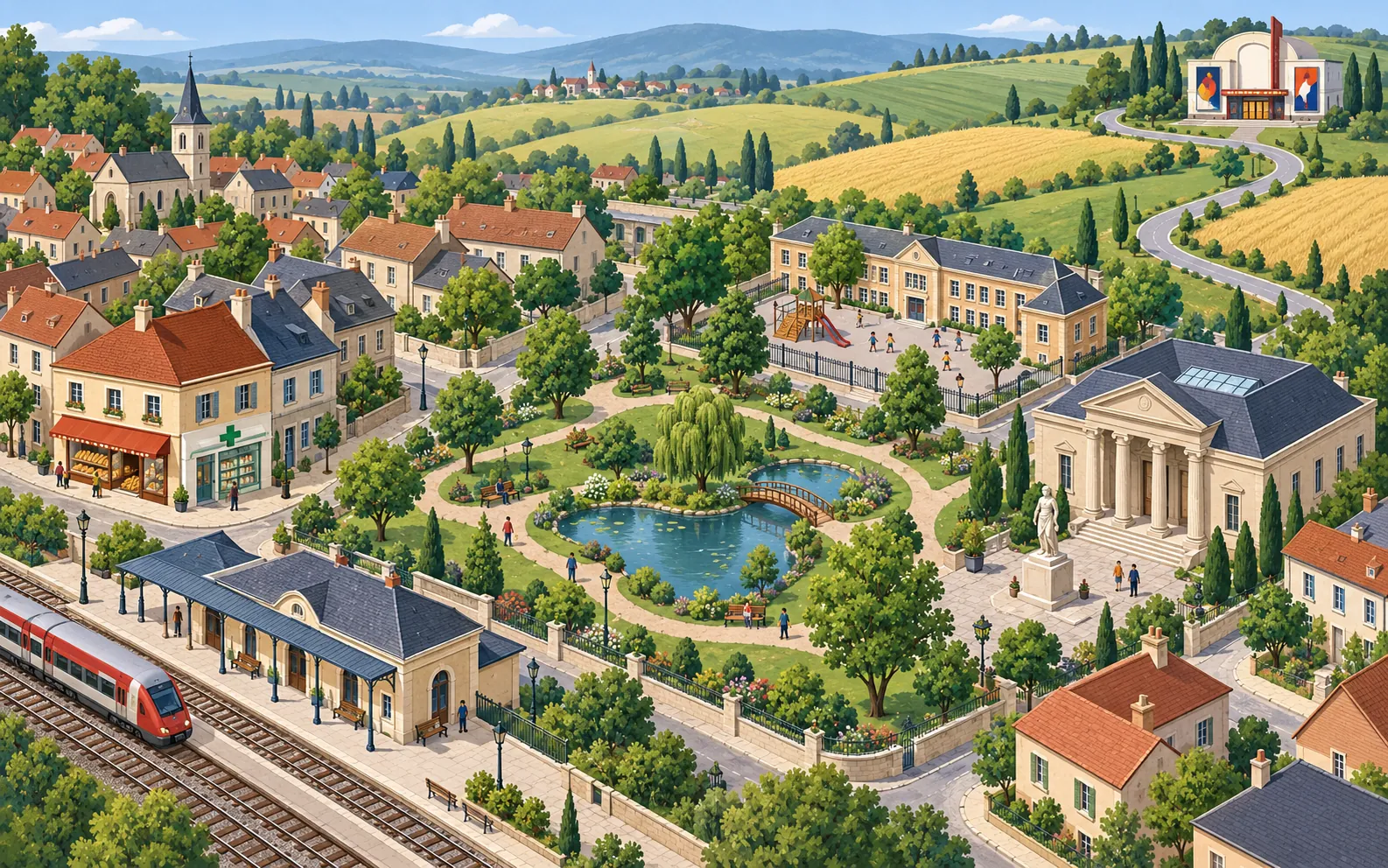 A clear oblique illustrated plan of a compact French town. At lower left a small railway station with visible railway tracks. Just above it, a bakery and a phar