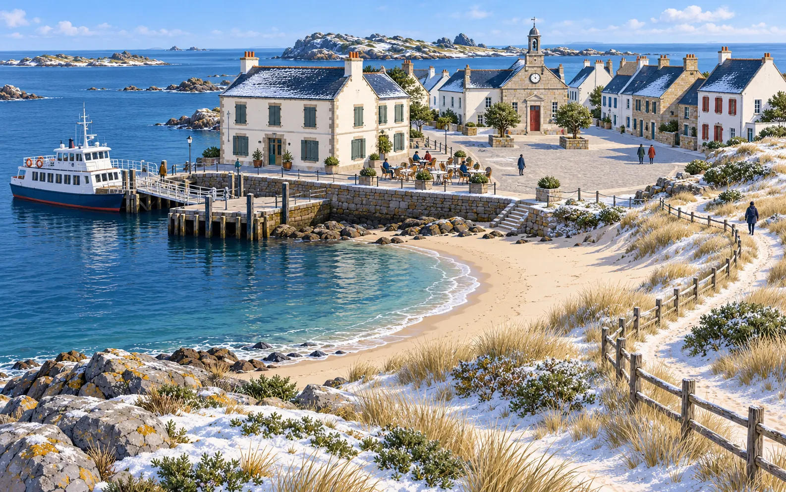 An island harbour village seen from slightly above in cool winter sunlight: a small hotel with shuttered windows, a harbour cafe, a ferry at a landing stage, a 