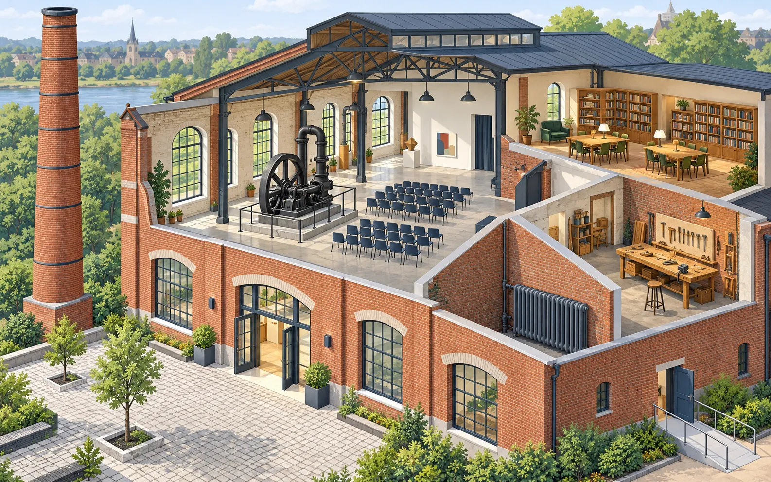An oblique cutaway view of a red-brick former pump factory converted into a public arts venue. Show a tall chimney outside, a main doorway into a courtyard, a d