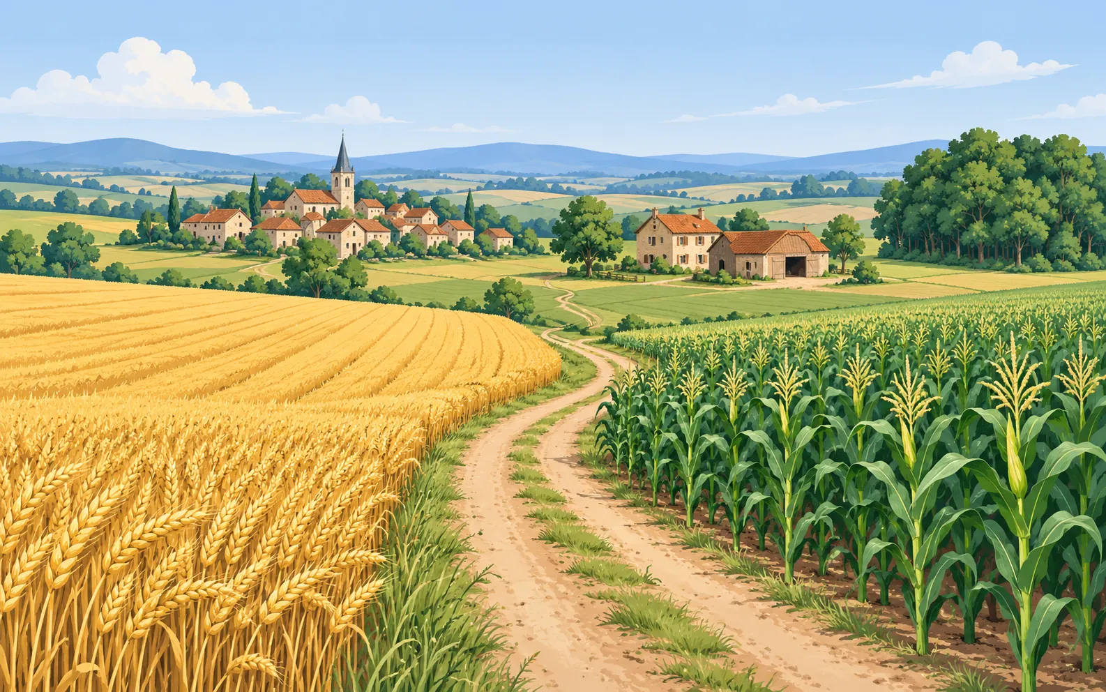 A rural French landscape seen from a low hillside: a golden wheat field on the left, a green maize field on the right, a small village of stone houses in the mi