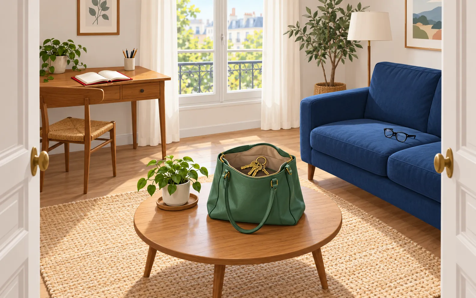 A bright living room viewed from the open doorway, with a small wooden desk against the left wall, a blue sofa on the right and a low table in the centre. A red
