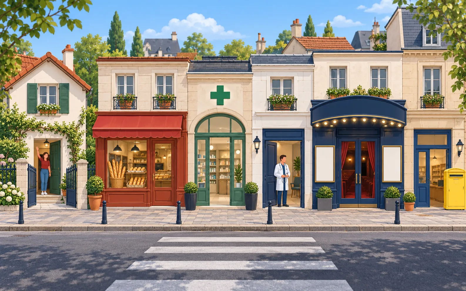 A friendly French neighbourhood shown as a clear cutaway street illustration in daylight: one small house with Nora waving at the doorway, a bakery with bread i