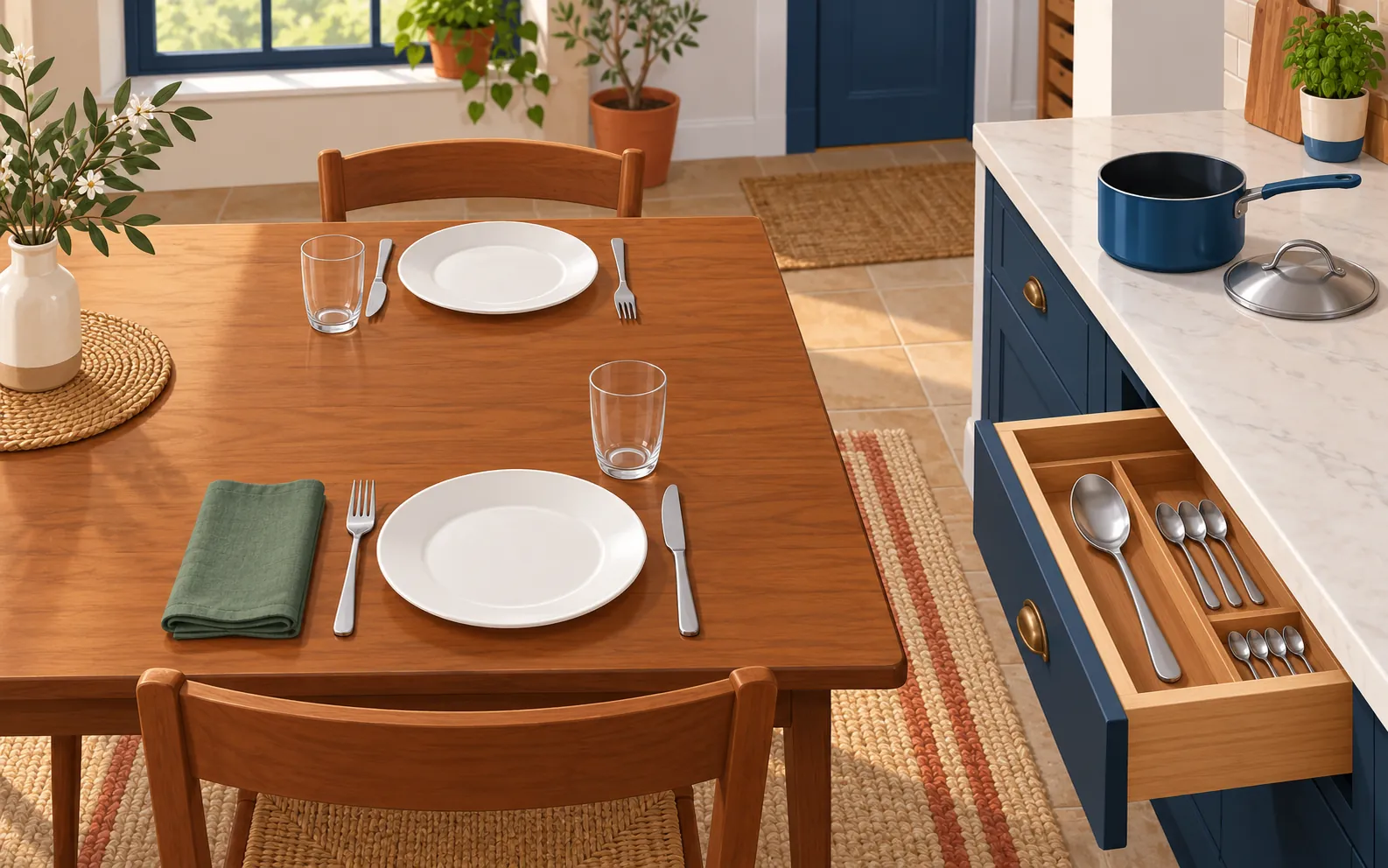 A warm kitchen-dining room seen from slightly above. A dining table has exactly two place settings, each with one white plate, fork, knife and drinking glass. A