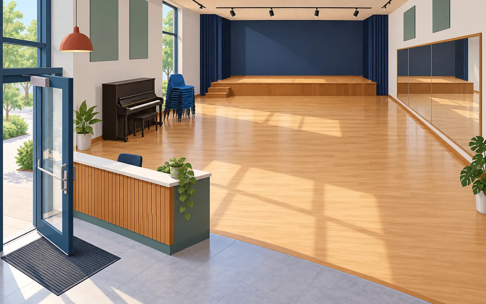 An airy community cultural centre seen in a cutaway view: a reception desk by the entrance, an open multipurpose room containing a low stage, a piano against on