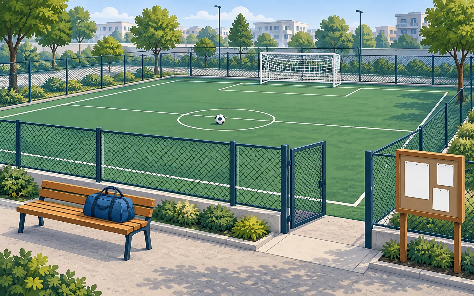 A neighbourhood multi-use sports ground seen from slightly above. Show a fenced rectangular pitch with one clear goal at the far end, a ball near the centre, an