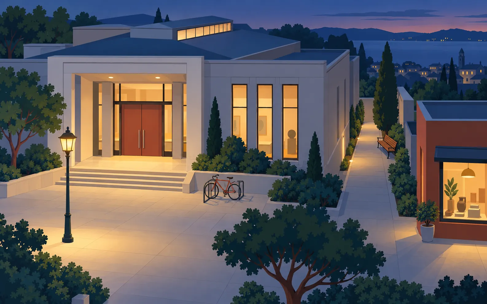 A cultural venue at dusk seen from above at a shallow angle. The front entrance opens onto a lit forecourt. A small shop with a warm window stands to the right.