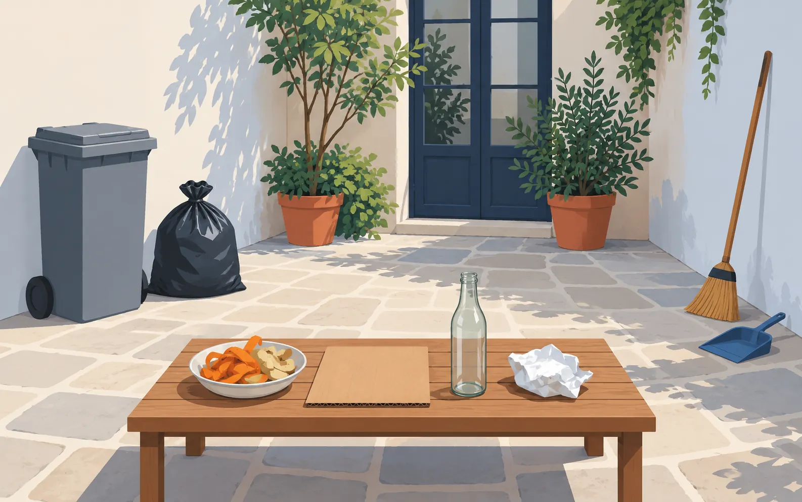 A small shared French apartment courtyard in daylight after a communal lunch. Against a plain wall stands one grey wheeled rubbish bin with its lid closed. A ti
