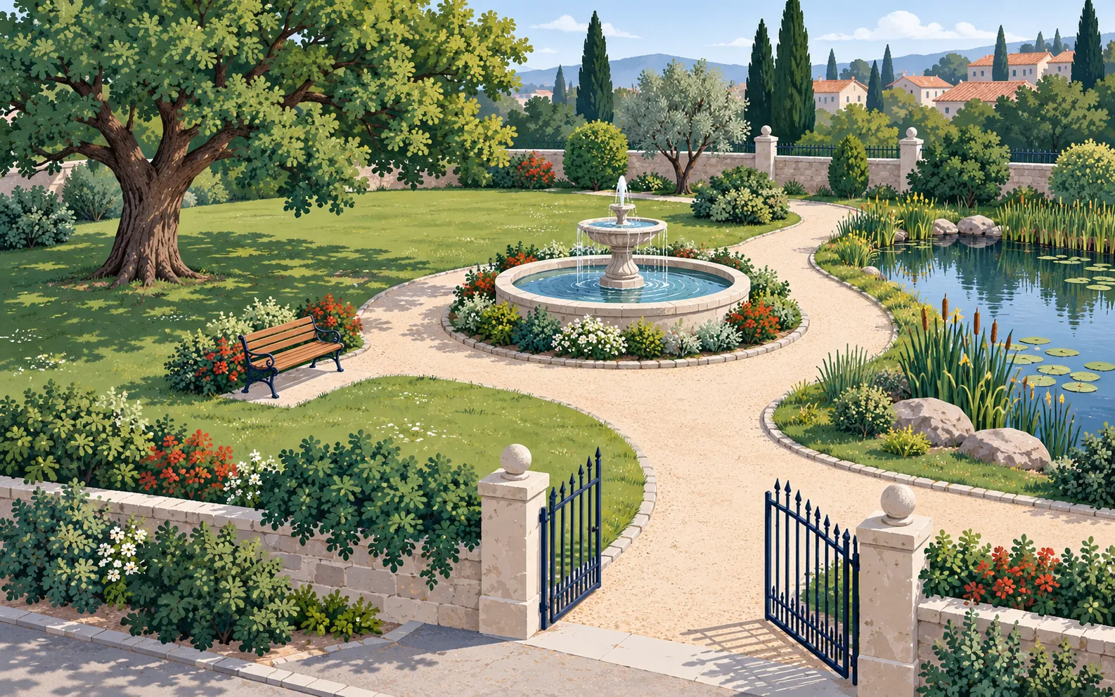 A compact public park seen from slightly above. Show a metal entrance gate, a wooden bench, a central stone fountain, one large oak tree, a curving gravel path 