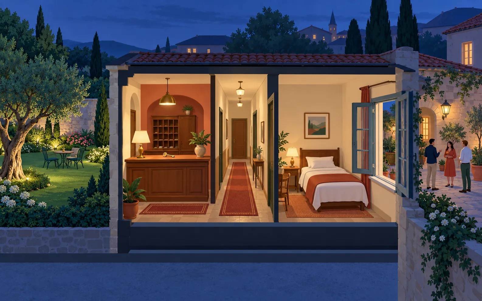 A small hotel cutaway at dusk. At the front is a reception desk with a room key on the counter. A corridor leads to a guest bedroom with a bed and window. Throu