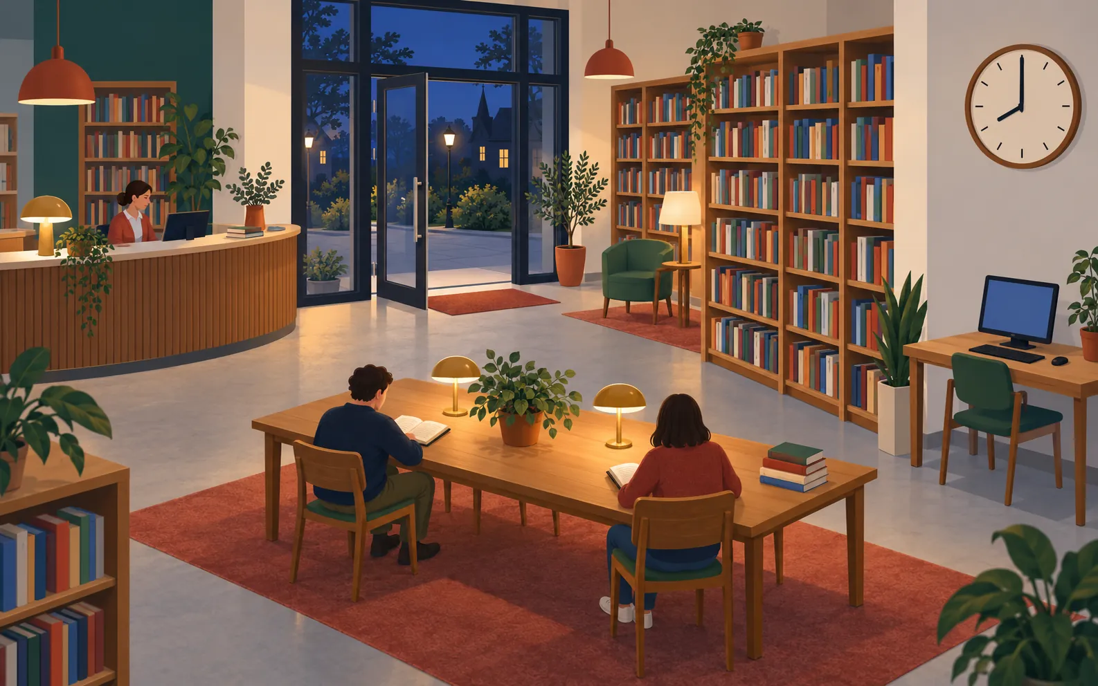 A small public library interior at dusk, viewed from slightly above. Include a staffed reception counter near an open entrance door, a wall clock showing eight 