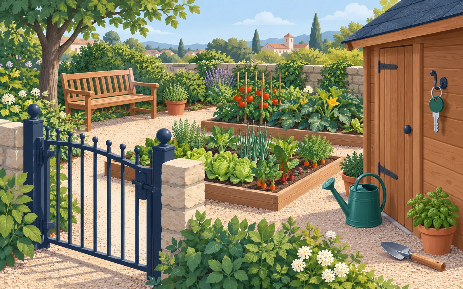 A small shared vegetable garden seen from slightly above. Show a metal gate, a key hanging on a hook, a wooden tool shed, a watering can beside vegetable beds, 