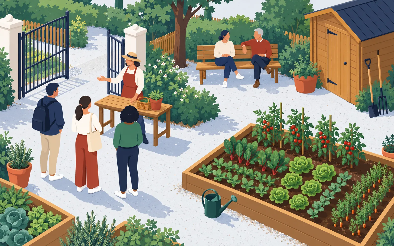 A small shared garden with vegetable beds, seen from slightly above. At the entrance a volunteer stands beside a gate and a small welcome table. Include a water