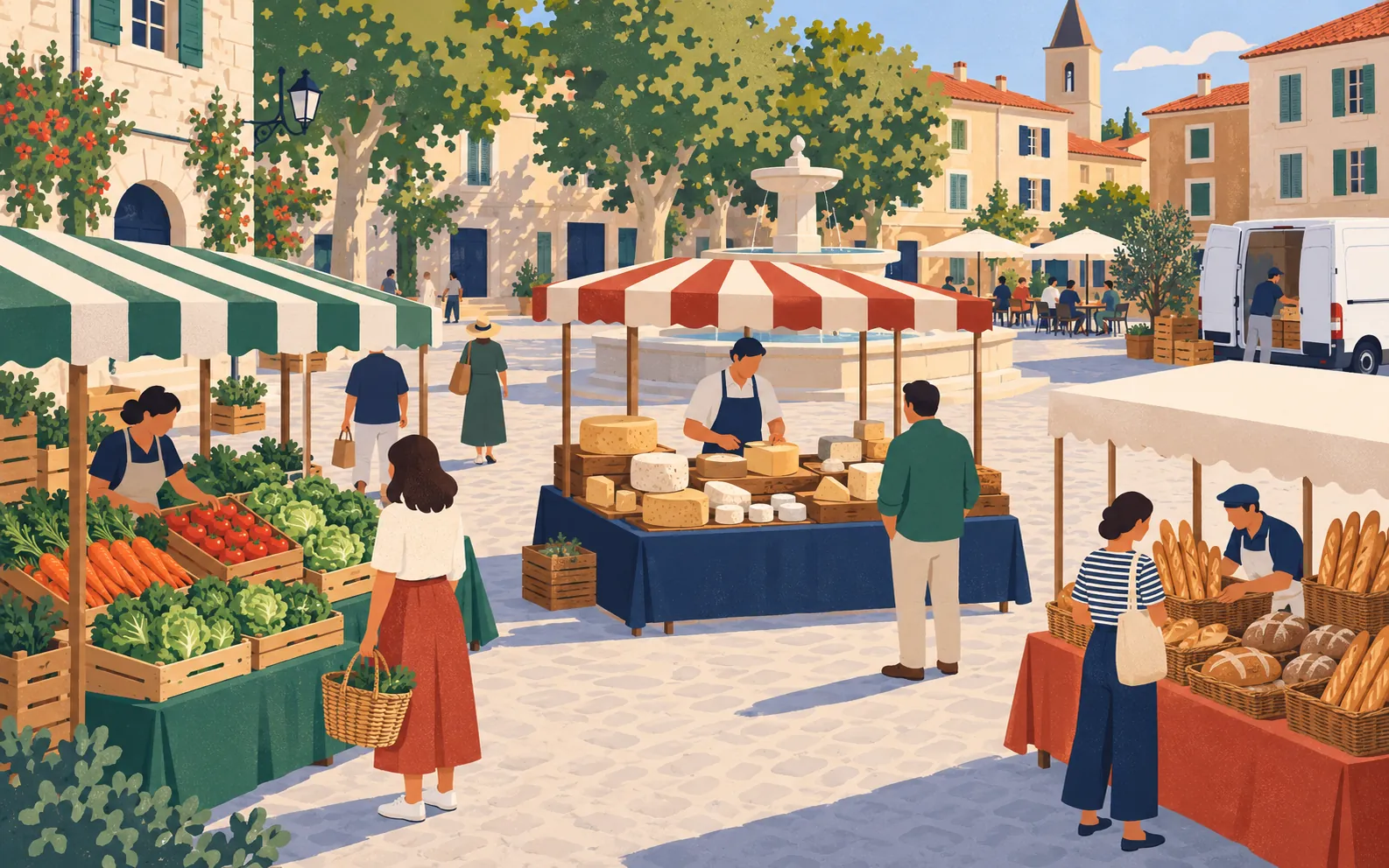 A French open-air market in a town square in late afternoon, viewed from slightly above. Show a vegetable stall, a cheese stall, a bakery stall, a trader behind
